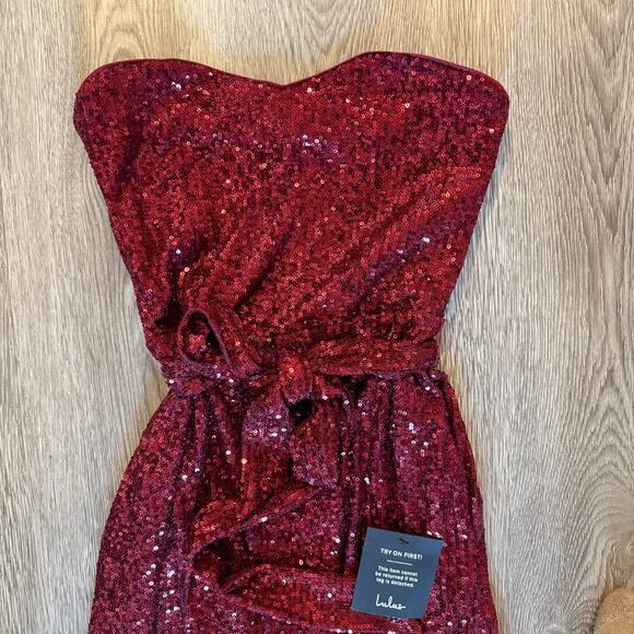 Lulus Flirty Moves Wine Red Sequin Strapless Wide-Leg Jumpsuit S - Picture 4 of 9